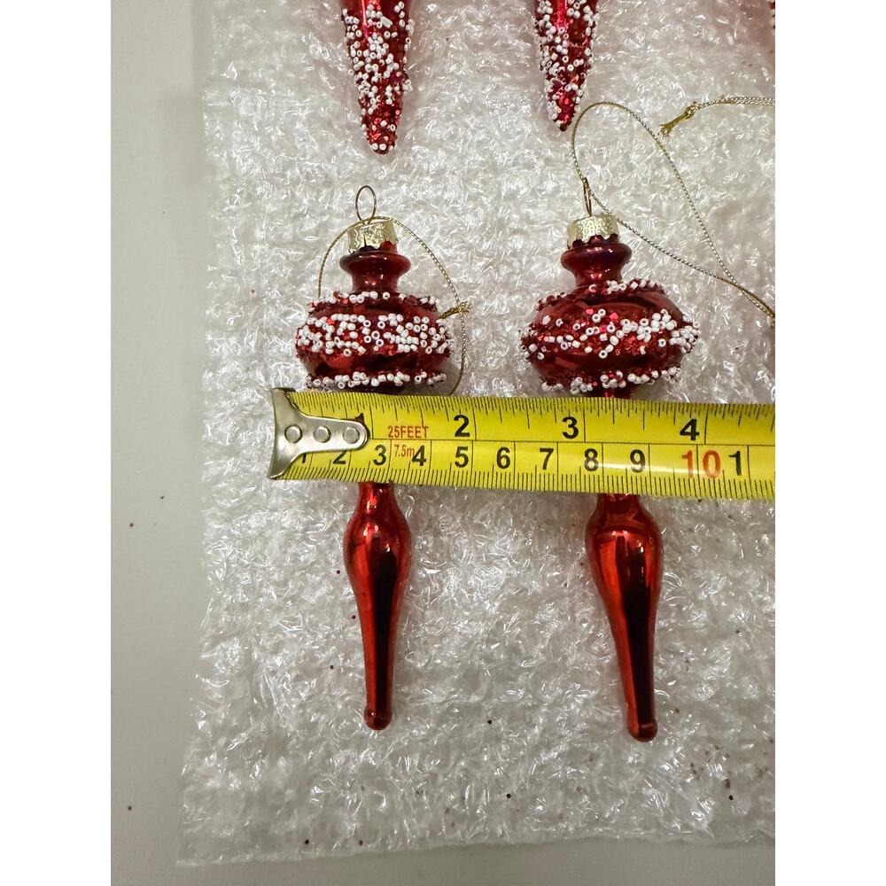 6 Red Glass Finial Christmas Ornaments Nordic Frost Beaded Tree Decor - Picture 7 of 8
